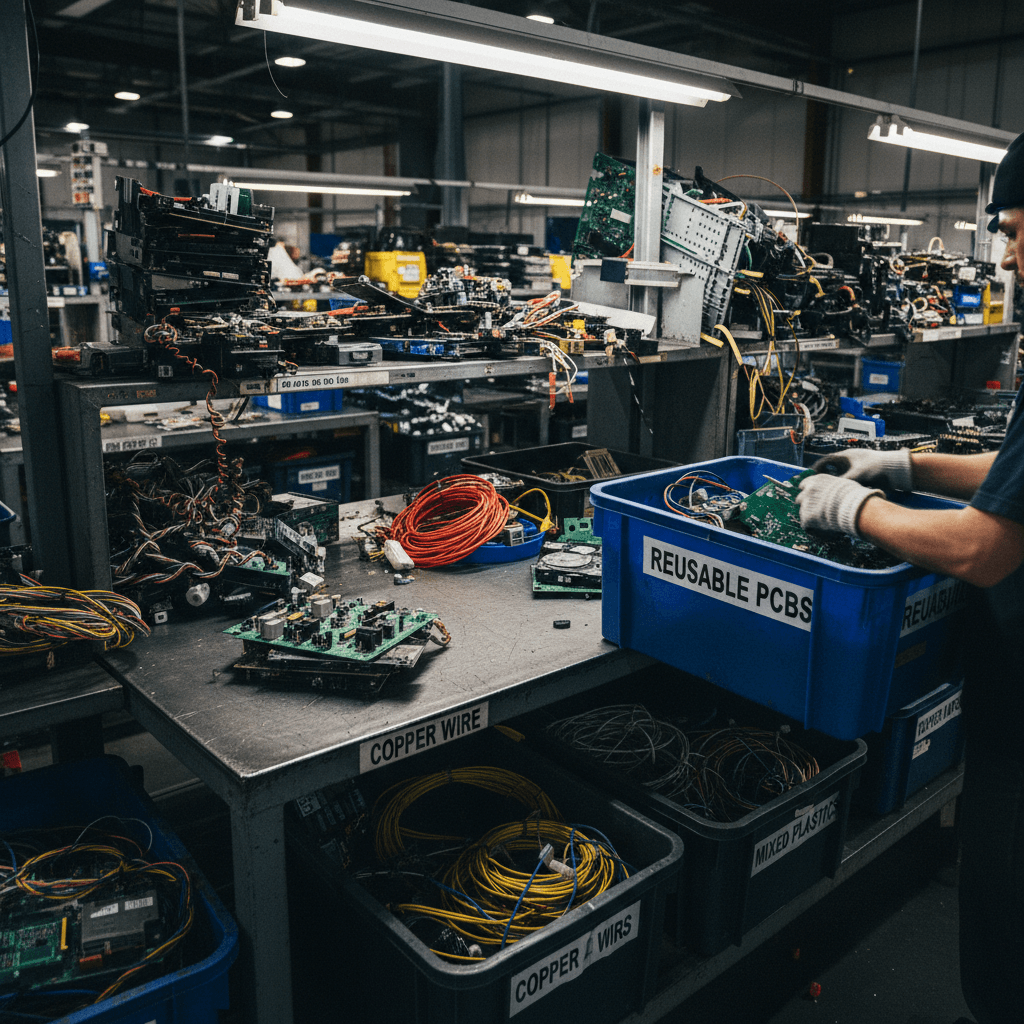 Electronics recycling workstation with sorted components