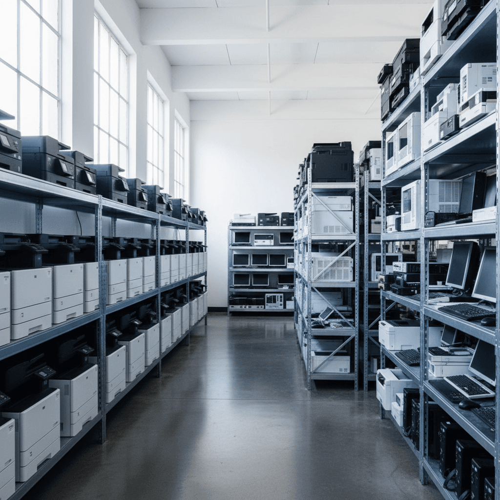 Printers and office equipment sorted for recycling