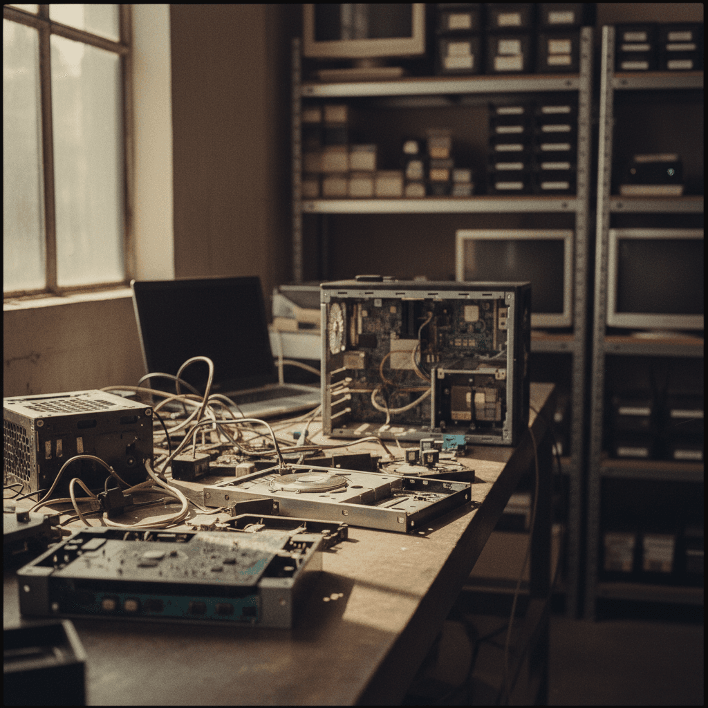 Computers and laptops awaiting recycling processing